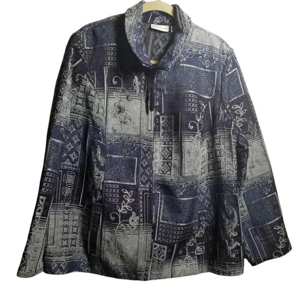 Susan Graver Embroidered Patchwork Blue Tapestry Jacket Sz 22W
